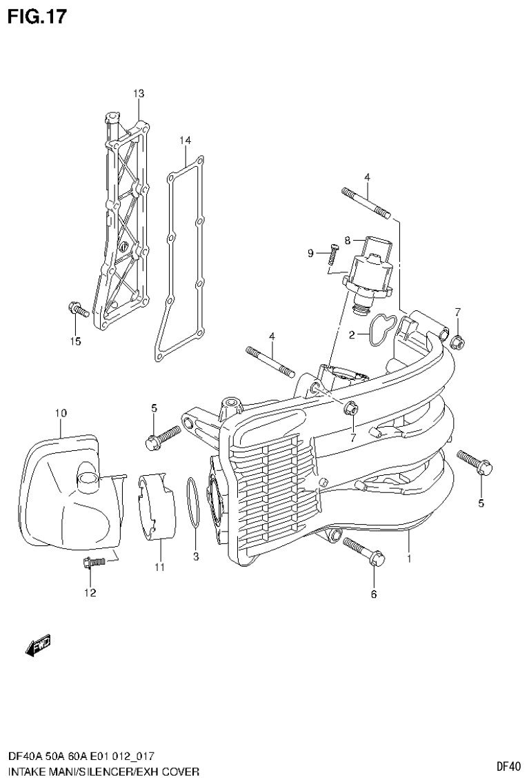Suzuki DF40AST, DF50A, DF50ATH INTAKE MANIFOLD / SILENCER / EXHAUST COVER parts diagram